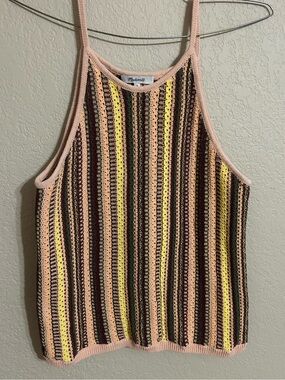 Madewell Pink Crochet Tank with Yellow and Brown Stripes